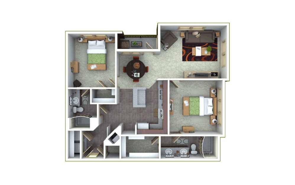 ENSO 9 - 2 bedroom floorplan layout with 2 baths and 1237 square feet.