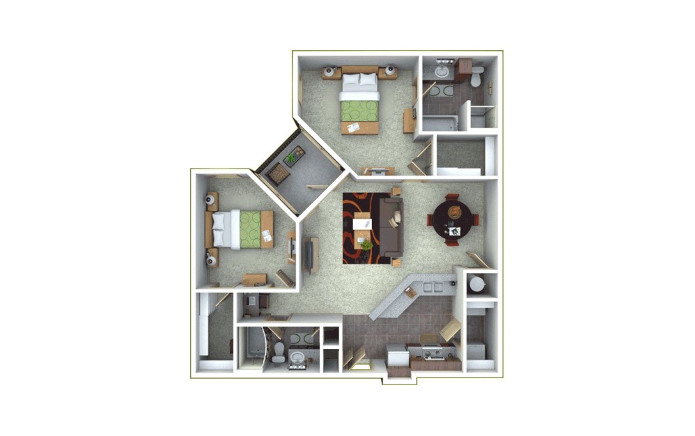 ENSO 8 - 2 bedroom floorplan layout with 2 baths and 1216 square feet.