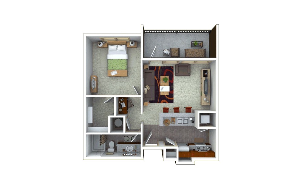 ENSO 1 - 1 bedroom floorplan layout with 1 bath and 775 square feet.